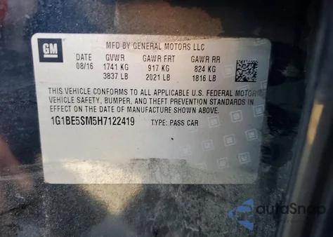 2017 Chevrolet Cruze Lt z USA, uszkodzony, nr VIN 1G1BE5SM5H7122419